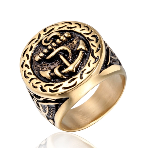 Anillo de Acero de Titanio de Ancla Náutica Vintage para Hombre Retro Envejecido Relieve de Águila Punk Joyería