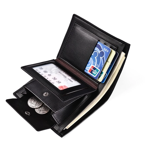 Men Short Wallet PU Leather Bifold Card Holder With ID Window Snap Coin Pocket Business Casual Multi-Slot Purse