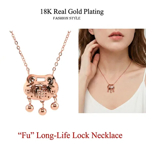 Rose Gold Plated Titanium Steel Long Life Lock Pendant Necklace Women Chinese Fu Blessing Hollow Tassel Clavicle Chain
