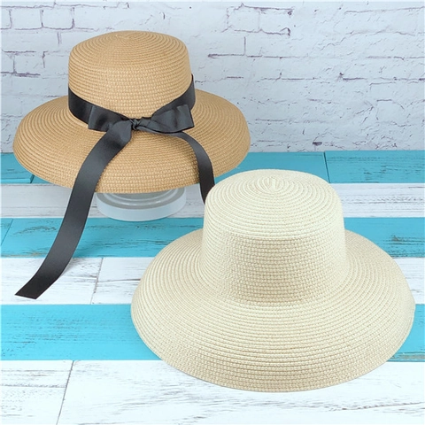 Women Elegant Wide Brim Straw Hat Retro Hepburn Style Flat Top Summer Beach Sunshade Cap With Ribbon Bow Decoration