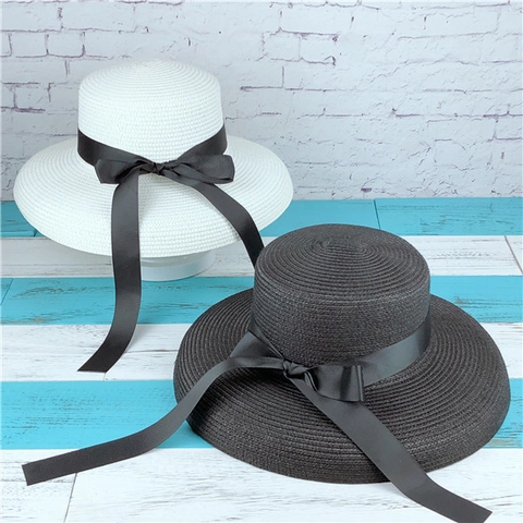 Women Elegant Wide Brim Straw Hat Retro Hepburn Style Flat Top Summer Beach Sunshade Cap With Ribbon Bow Decoration