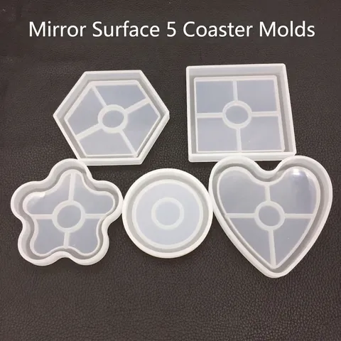 DIY Silicone Coaster Molds Mirror Surface Resin Casting Geometric Heart Round Square Hexagon Flower Shape Flexible Crafts