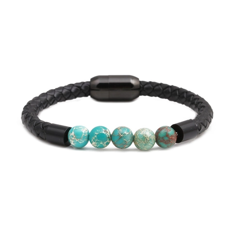 Pulsera de Cuero Trenzado a Mano Piedra Natural Emperador Hebilla Magnética Acero Inoxidable Joyería Étnica Accesorio