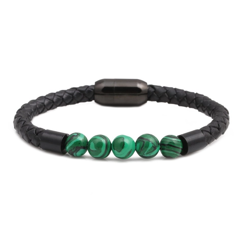 Bracciale Pelle Intrecciata Uomo Chiusura Magnetica Acciaio Inossidabile Perle Pietra Naturale Vintage