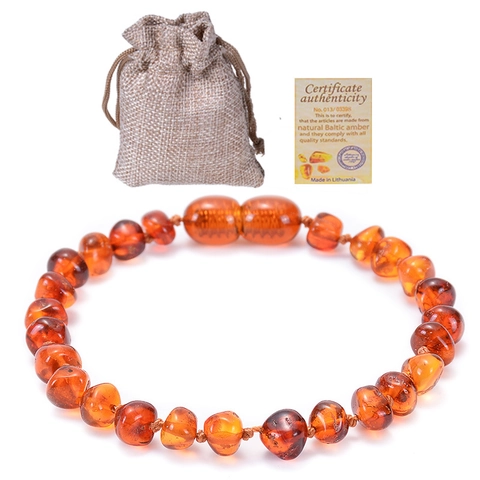 Natural Baltic Amber Baby Teething Necklace Bracelet Irregular Beads Safe Hand Knotted For Infants Toddlers Bag Certificate