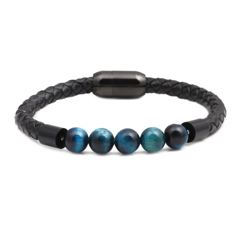 Braided Leather Rope Beaded Bracelet Stainless Steel Magnetic Buckle Tiger Eye Lava Stone Number Slider Unisex Jewelry