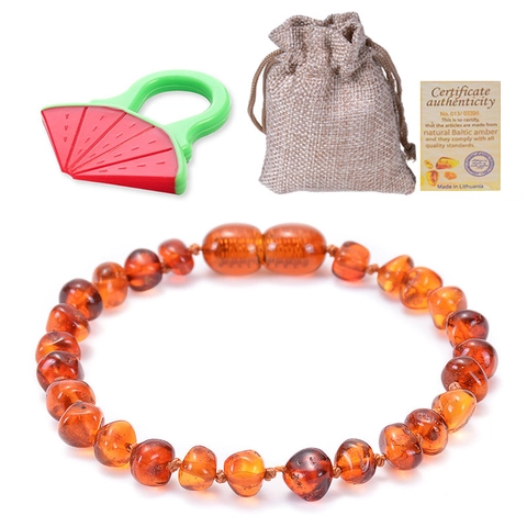 Natural Baltic Amber Baby Bracelet And Watermelon Silicone Teether For Infants Toddlers Polished Beads Safety Knotted