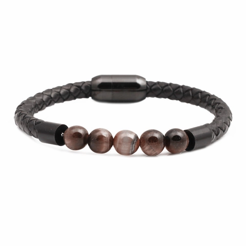 Braided Leather Rope Beaded Bracelet Stainless Steel Magnetic Buckle Tiger Eye Lava Stone Number Slider Unisex Jewelry