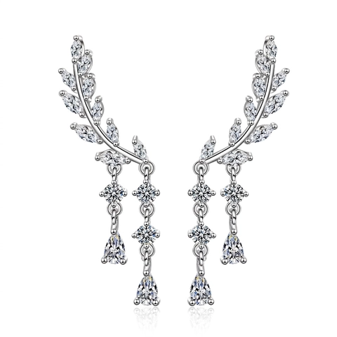 Pendientes Largos de Cobre Con Forma de Hoja y Alas Borla Para Mujer Elegantes Pendientes de Strass Color Plata