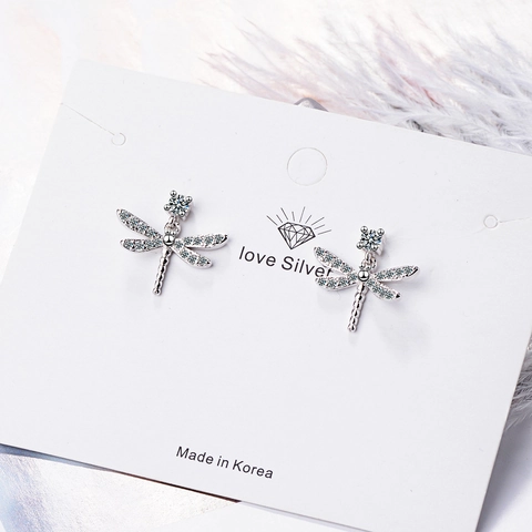 Korean Style Copper Plated White Gold Dragonfly Stud Earrings With Pave Rhinestones For Women Dainty Animal Jewelry