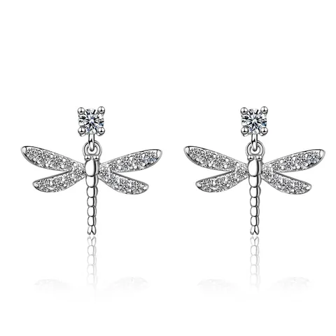 Korean Style Copper Plated White Gold Dragonfly Stud Earrings With Pave Rhinestones For Women Dainty Animal Jewelry