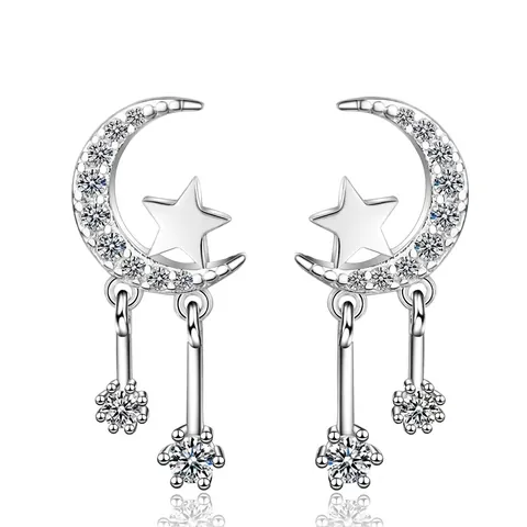 Orecchini Pendenti Coreani Semplici in Rame Luna Stella Strass Nappina Placcati Argento Asimmetrici Celesti per Gioielli Donna