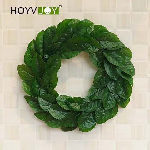 Artificial Magnolia Leaf Wreath With Natural Rattan Base Green Foliage For Front Door Wall Home Decor Holiday