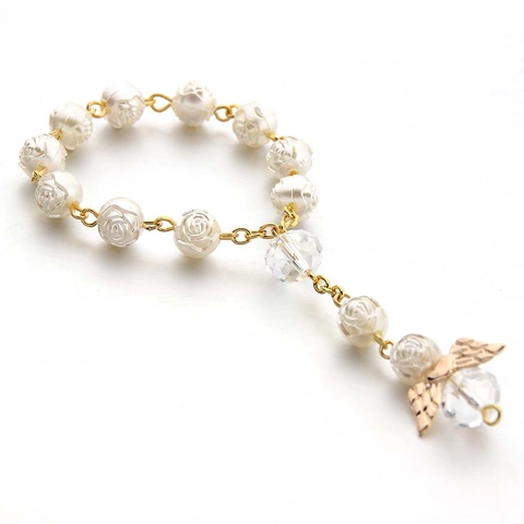 Rosary Bracelet Angel Wing Pendant Rose Shape Imitation Artificial Pearl Crystal Glass Beads Baptism Communion Religious Jewelry