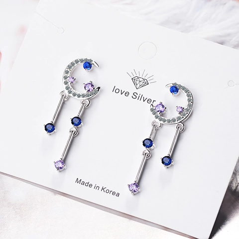 Sparkling Zirconia Moon Tassel Drop Earrings For Women Fashion Copper Silver Plated Asymmetric Moon Dangle Earrings Jewelry