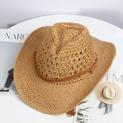Cappello Da Cowboy In Paglia Traspirante Intrecciato Cavo Protezione Solare Tesa Larga Spiaggia Jazz Fedora Con Corda Antivento Unisex Retrò