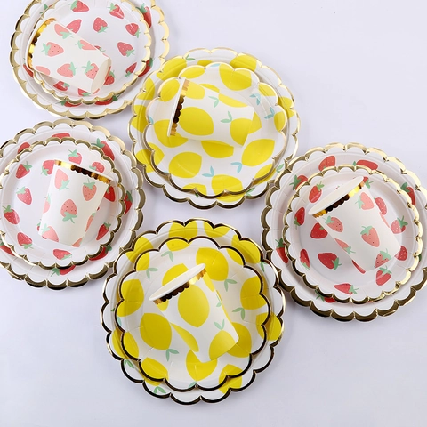 Disposable Paper Tableware Plates Cups Napkins Straws Fruit Pattern Strawberry Lemon Gold Foil Edge Birthday Party Decor