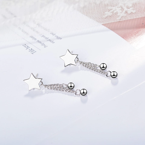Star Tassel Drop Earrings Copper White Gold Plated Long Chain Round Bead Pentagram Korean Style For Women