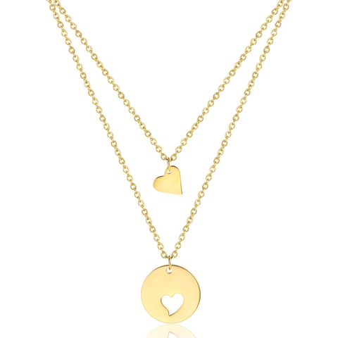 Double Layer Stainless Steel Heart Pendant Necklace For Women Hollow Round Disc 18K Gold Plated Fashion Jewelry Everyday Gift