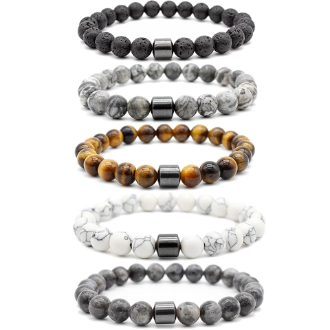 Natural Stone Beaded Bracelet Magnetic Hematite Tiger Eye Lava Rock Elastic Wristband Healing Jewelry For Men Women