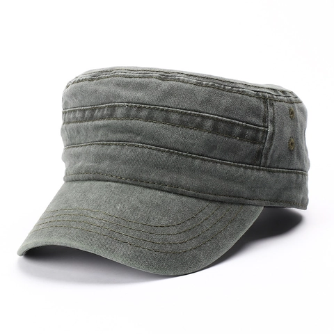 Washed Cotton Cadet Cap Military Flat Top Hat Distressed Adjustable Breathable Outdoor Casual For Men Women