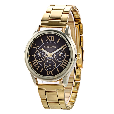 Geneva Style Women Quartz Watch Roman Numeral Dial Alloy Case Steel Link Band Fashion Business Analog Wristwatch