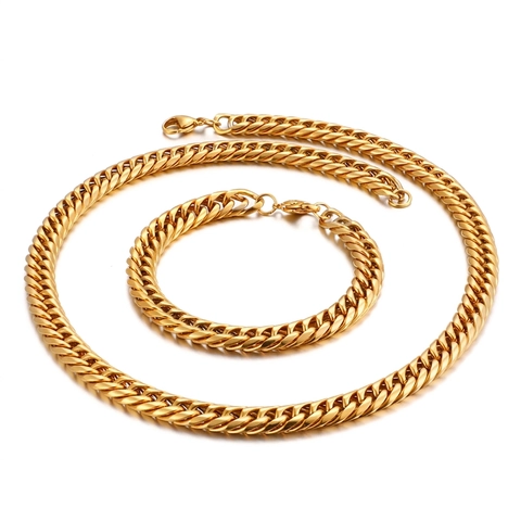 Collar Y Pulsera Para Hombre De Cadena De Eslabones Cubanos De Acero Inoxidable Chapado En Oro De 18K Joyería Hip Hop