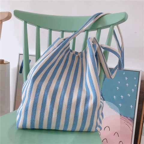 Borsa Tote In Tela A Righe Grande Capacità Borsa A Spalla Con Fodera In Cotone Per Uso Quotidiano Semplice