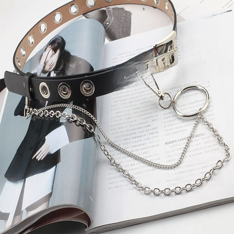 Punk PU Leather Grommet Belt With Double Detachable Chains Silver Eyelets O-Ring Waist Belt For Women Gothic Streetwear