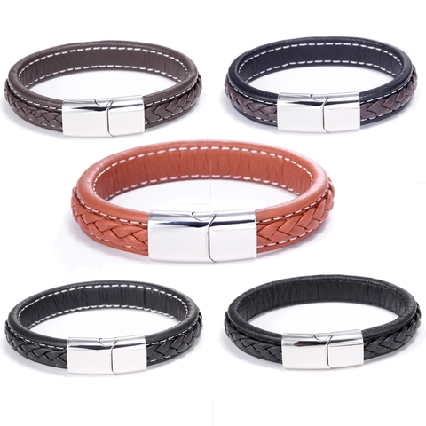 Handgemachtes Geflochtenes Lederarmband Mit Magnetschnalle Aus Edelstahl Unisex Casual Fashion Mehrlagiger Schmuck