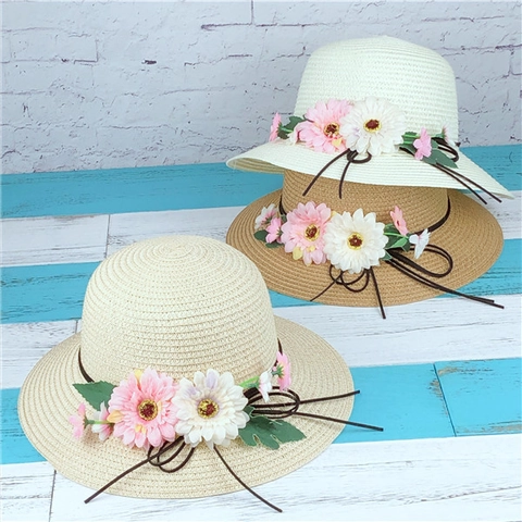 Floral Straw Sun Hat For Women Wide Brim Foldable Beach Hat With Daisy Decor Summer Travel Pastoral Style