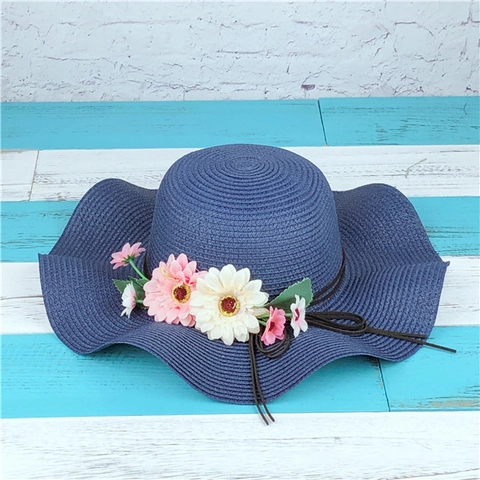 Chapeau De Soleil En Paille Femme Bord Large Ondulé Décor De Fleurs Vacances À La Plage Été Style Pastoral