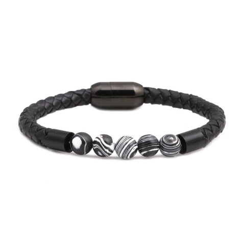 Bracciale Pelle Intrecciata Uomo Chiusura Magnetica Acciaio Inossidabile Perle Pietra Naturale Vintage