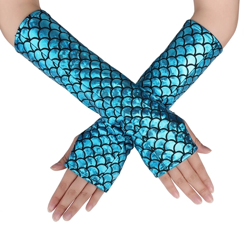 Mermaid Fish Scale Metallic Fingerless Long Gloves Shiny Arm Warmers Performance Halloween Costume Party Accessory