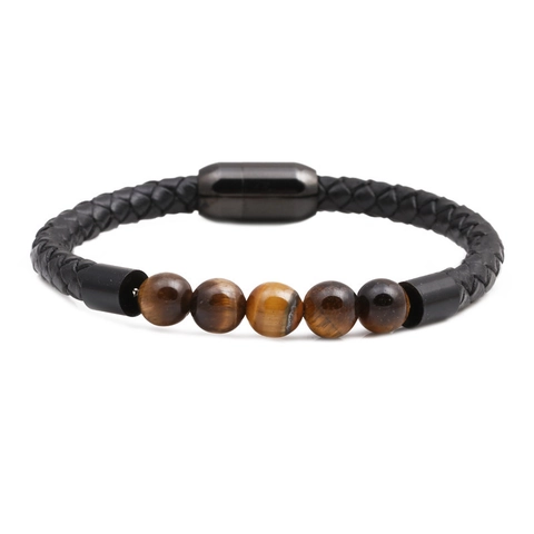 Braided Leather Rope Beaded Bracelet Stainless Steel Magnetic Buckle Tiger Eye Lava Stone Number Slider Unisex Jewelry