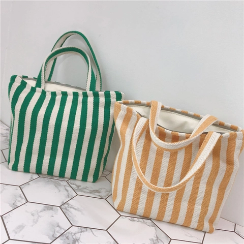 Borsa Tote In Tela A Righe Verticali Tessuto A Spina Di Pesce Spessa Borsa A Mano Chiusura Con Cerniera Casual Minimalista Donna