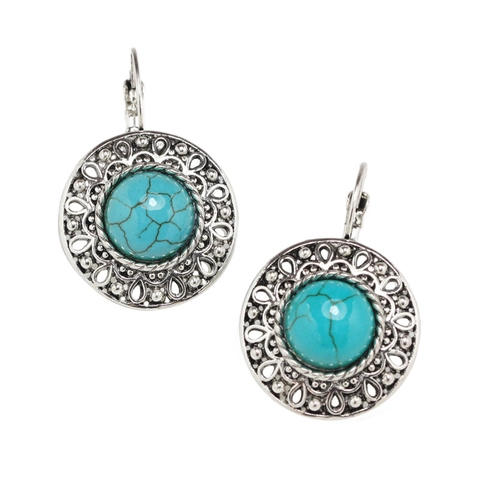 Bohemian Vintage Dangle Earrings For Women Alloy Synthetic Turquoise Abalone Shell Rhinestone Geometric Ethnic Style