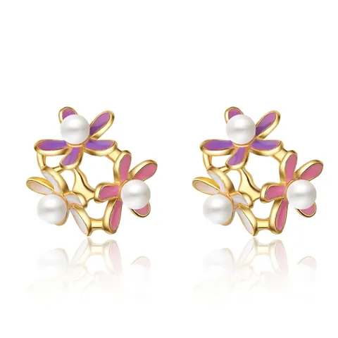 Sweet Colorful Flower Stud Earrings With Artificial Pearl Copper Gold Plated Enamel Floral Earring Jewelry For Women Girls Gift
