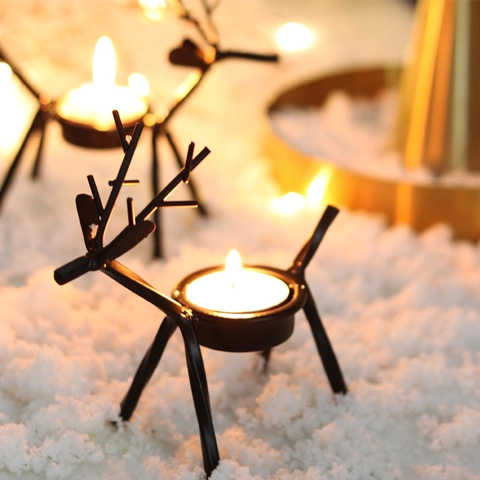 Christmas Reindeer Candle Holder Metal Iron Tea Light Stand Winter Desktop Decoration Home Restaurant Nordic Style Black