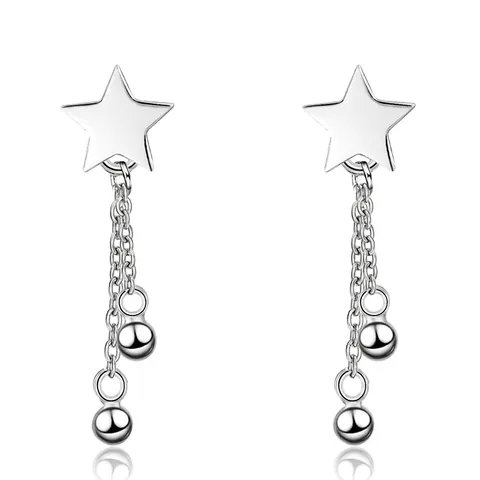 Star Tassel Drop Earrings Copper White Gold Plated Long Chain Round Bead Pentagram Korean Style For Women