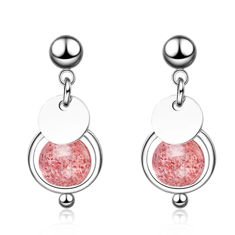 Orecchini a Bottone Tondi in Quarzo Fragola e Pietra di Luna Naturali in Lega Geometrici per Donna Con Perno in Argento 925