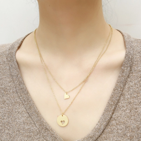 Double Layer Stainless Steel Heart Pendant Necklace For Women Hollow Round Disc 18K Gold Plated Fashion Jewelry Everyday Gift