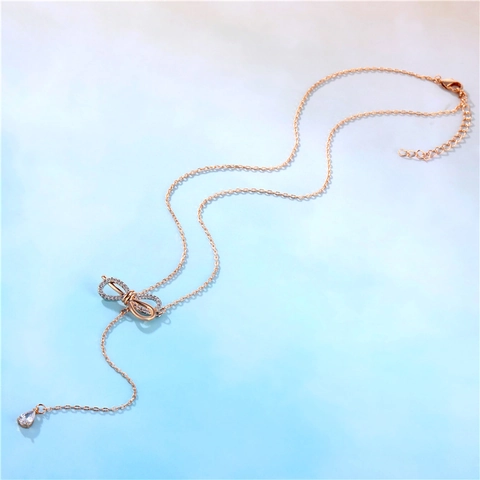 Elegant Bowknot Pendant Necklace Rose Gold Plated Zircon Tassel Water Drop Adjustable Chain Women Fashion Jewelry