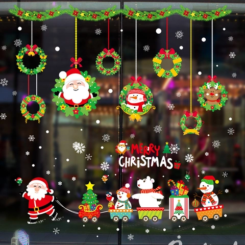 Pegatinas Navideñas para Ventanas Guirnalda Papá Noel Muñeco de Nieve Reno Calcomanías Puerta Cristal Decoración Fiesta Navidad PVC