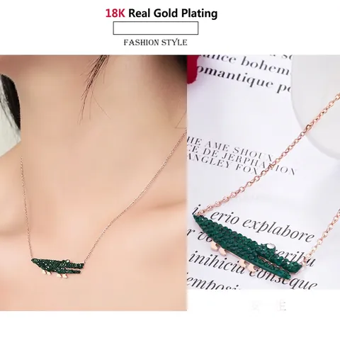 Crocodile Pendant Necklace Stainless Steel Green Rhinestone Encrusted Rose Gold Plated Animal Jewelry For Women