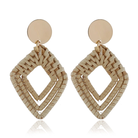 Handgefertigte Rattan Gewebte Hängeohrringe Geometrisches Stroh Boho Strand Stil Für Damen
