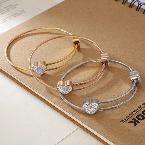 Hart Roestvrij Staal Kabeldraad Armband Pave Zirkoon Open Verstelbare Bangle Minimalistische Mode Sieraden Vrouwen Cadeau