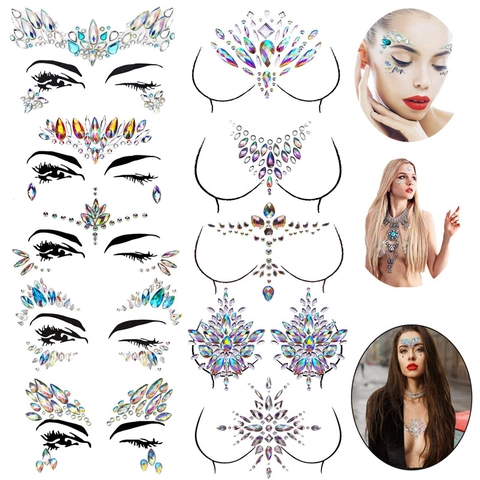 Face Jewels Rhinestone Stickers Body Gems Self Adhesive Temporary Tattoo Crystal Eye Makeup For Party Festival Women Acrylic Glitter