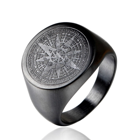 Anillo De Sello De Brújula Vintage Acero Inoxidable Acabado De Metal Cepillado Patrón Estrella Náutica Joyería Hombre