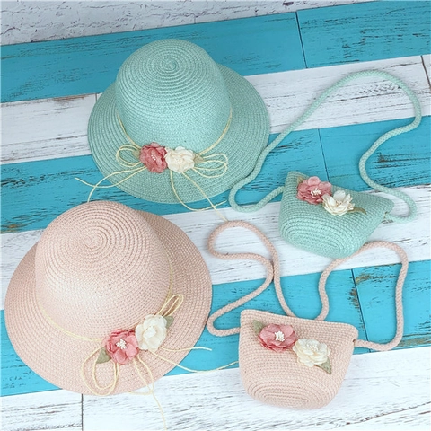 Summer Straw Hat And Matching Crossbody Bag Floral Bow Sun Protection Beach Travel Pastoral Style Kids Women